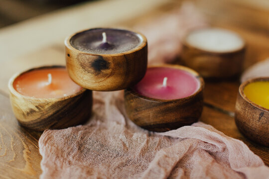 Colorful Candles in Wood
