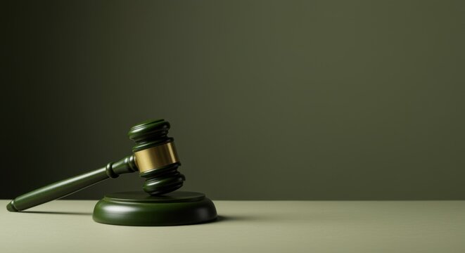 Wooden Judge Gavel on Matching Sound Block for Legal Services or Law Firm Website Header Over a Minimalist Green Background with Copyspace