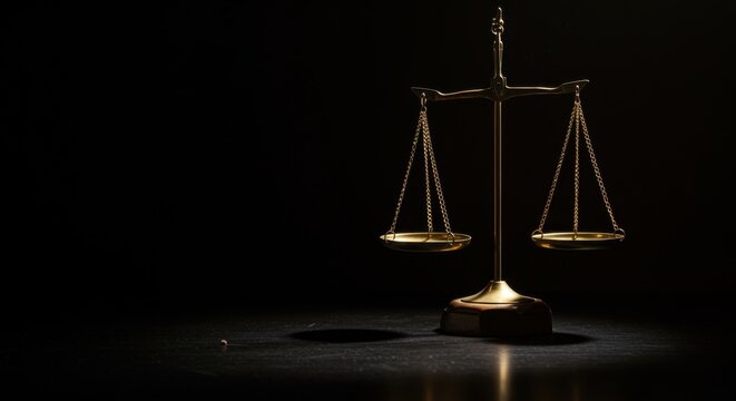 Brass scales of justice standing balanced on a dark surface with dramatic side lighting and long shadows for legal concept or law firm editorial copy space