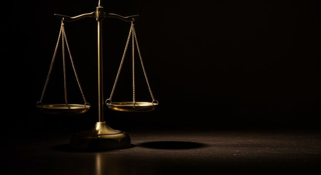Brass scales of justice standing on a dark wooden desk with dramatic side lighting and copy space for legal, judicial, and insurance concepts in professional law