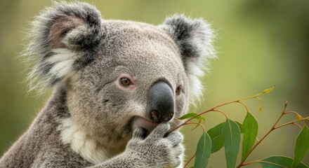 Naklejka premium Close-up of a koala munching on eucalyptus leaves, soft focus background