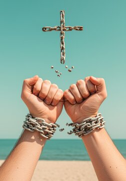 Clenched fists breaking chains toward a symbolic cross in the sky for religious redemptive concepts, spiritual faith campaign, and weathered gritty ocean mood