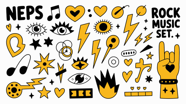 A vibrant and playful doodle collection features music notes hearts eyes lightning bolts and a rock on hand gesture with neps and rock music set