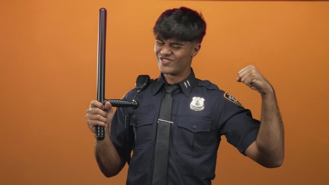 Man in police uniform grips baton and flexes arm in studio with orange backdrop, smiling and winking; confidence authority.