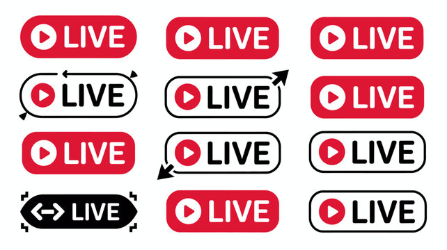 A collection of vibrant red and black live streaming badges with play icons depicting various shapes and directional indicators high quality professional detailed modern elegant stylish