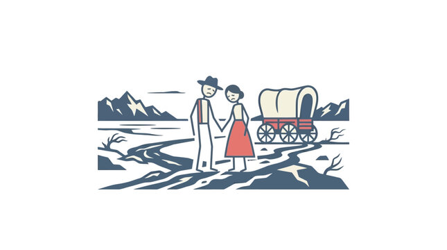 Couple Holding Hands by Covered Wagon on the Trail