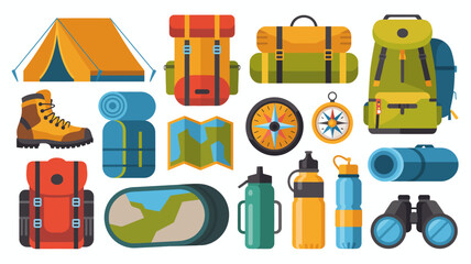 A colorful illustration showcases essential camping and hiking gear including a tent backpacks boots and navigation tools arranged on a white background high quality professional detailed © Peradox