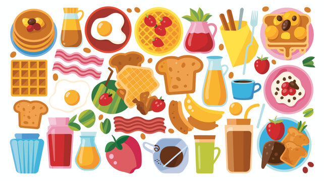 A colorful flat lay illustration showcases a delightful assortment of breakfast foods including pancakes waffles eggs fruit and beverages high quality professional detailed modern elegant stylish