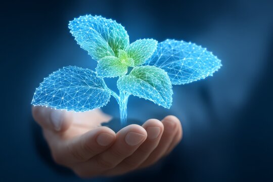 Glowing low-poly plant sprouts above a human hand on dark blue, symbolizing innovation, sustainability, and growth in technology, biotech, and eco startup branding.