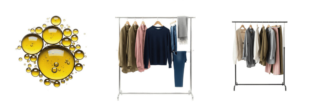 Clothing racks with hanging fashion apparel and golden oil bubbles isolated on transparent PNG background