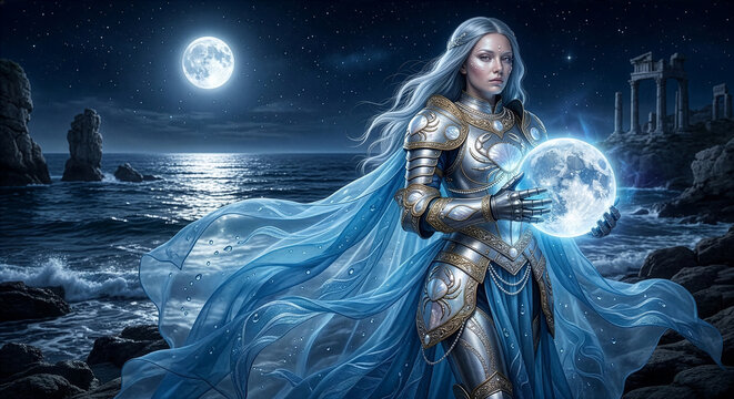 蟹座を象徴する銀の鎧の戦士、月夜の海辺で輝く球体を持つ女性、ファンタジーイラスト、占星術、神秘的
