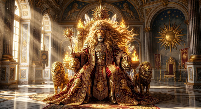 黄金の玉座に座る獅子座の王の幻想的なイラスト 12星座 占星術 神話 豪華な宮殿と太陽の光