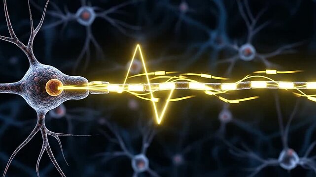An illustration of a biological neuron cell with electrical impulses and connections shown