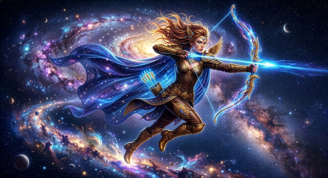 宇宙を駆ける射手座の女神が光の弓を引く幻想的なイラスト 12星座 占星術 神秘的 ファンタジー