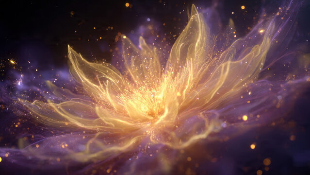 Abstract digital art of a glowing translucent flower made of golden light and purple glass-like petals, ethereal particles and bokeh floating around, dark background, fiber optic light strands, magica