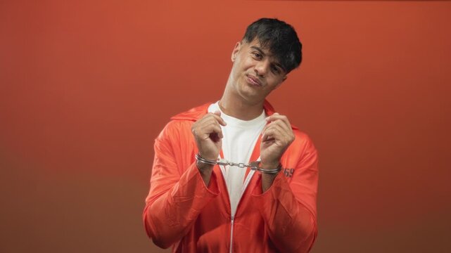 Man prisoner in orange jumpsuit wearing handcuffs, hands raised and clasping chain while posing against an orange studio wall; defiance resilience.