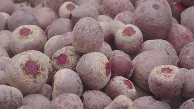 Freshly harvested beets with earthy texture on display for sale in outdoor market.
