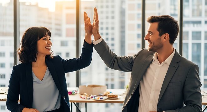 Two business colleagues giving high-five in modern office with city view