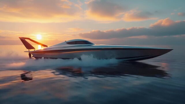 Luxury speedboat cruising at sunset on calm ocean with golden reflections and dramatic sky