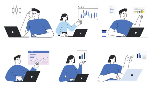 Set of business analytics and stock market trading concept vector illustrations with people working on laptop, candlestick chart, bar graph, line graph, and data presentation.