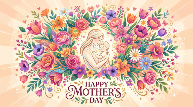 Vintage seamless floral illustration of happy mother's day and birthday card with pink roses flowers pattern vector design