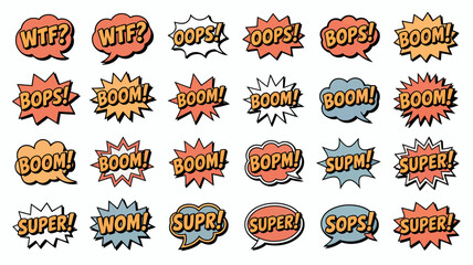 A colorful collection of comic book style speech bubbles displaying various exclamations like wtf oops boom and super high quality professional detailed modern elegant stylish clean © rocky