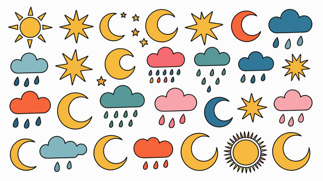 A colorful hand drawn illustration depicts various weather elements including suns moons clouds and raindrops arranged in a playful pattern high quality professional detailed modern elegant