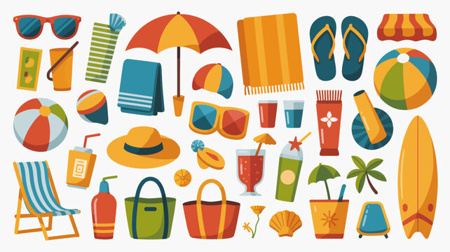 A vibrant collection of summer essentials are scattered across a white background including beach items like towels sunglasses and an umbrella high quality professional detailed modern