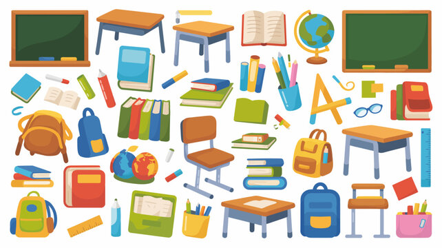 A colorful assortment of school supplies and furniture including books backpacks desks chairs and a globe are displayed high quality professional detailed modern elegant stylish clean