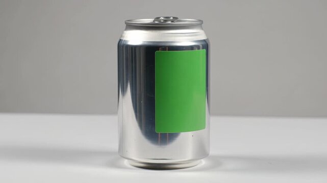 A single aluminum can with a green label on a white surface.