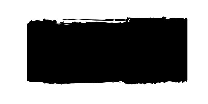 bold black style paint brush stroke with rough, textured edges and visible bristle marks. The stroke features a dense, opaque center that gradually fades into dry brush streaks toward the ends.