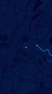 Night Mode GPS Navigation Map Futuristic dark route navigation display with glowing path indicator. mapping software visuals, smart transport concepts, navigation demos, technology themed backgrounds.