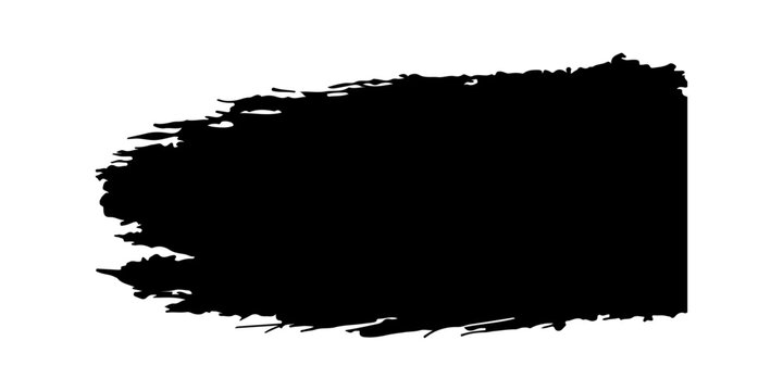 bold black vector paint brush stroke with rough, textured edges and visible bristle marks. The stroke features a dense, opaque center that gradually fades into dry brush streaks toward the ends.