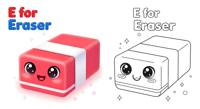 Kawaii Red Eraser Alphabet Letter E for Eraser Education Illustration Coloring Book