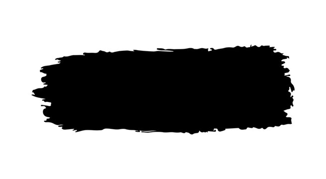 bold black vector paint brush stroke with rough, textured edges and visible bristle marks. The stroke features a dense, opaque center that gradually fades into dry brush streaks toward the ends.