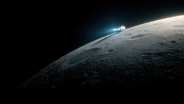 Photorealistic sci-fi scene of a spaceship with glowing blue thrusters flying low over the moon surface, Earth crescent and sun rising in background, detailed lunar craters and texture, deep black spa