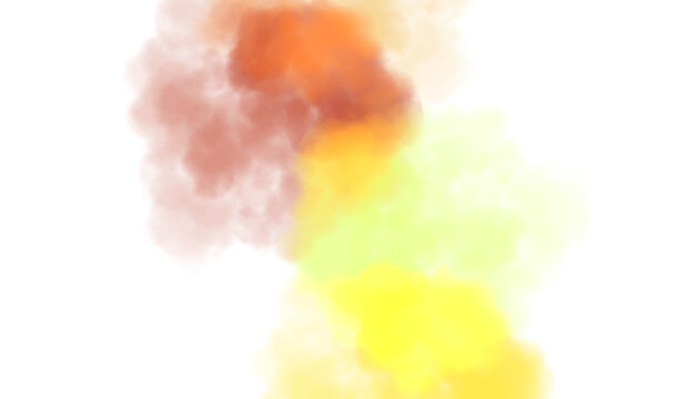 Colorful thick smoke flow explosion cutout PNG. Abstract fluffy clouds, smoke vapours steam effect. Realistic festive color smoke flowing on transparent background.