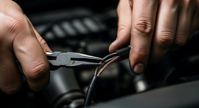 Close-up of a person's hands using pliers to strip insulation from electrical wires, likely performing automotive or electrical repair work.