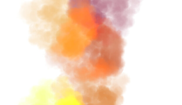 Colorful thick smoke flow explosion cutout PNG. Abstract fluffy clouds, smoke vapours steam effect. Realistic festive color smoke flowing on transparent background.