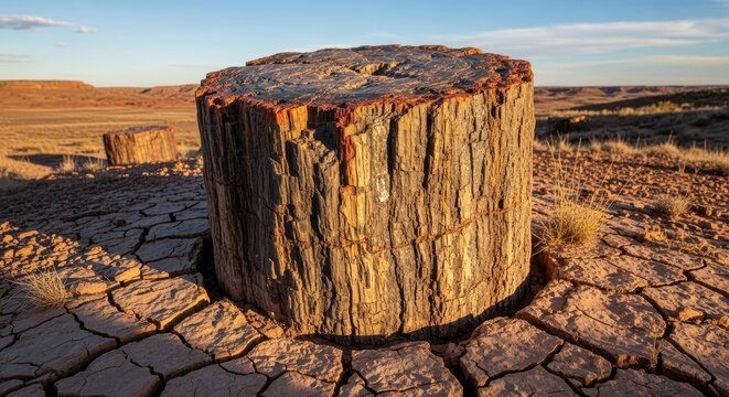 Ancient Petrified Wood Log in Arid Desert Landscape.