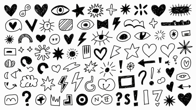 A collection of hand drawn doodles includes hearts stars eyes speech bubbles and various abstract shapes in black and white high quality professional detailed modern elegant