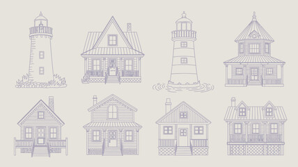 Fototapeta premium A collection of whimsical hand drawn style houses and lighthouses arranged in a grid like pattern rendered in a muted violet hue high quality professional detailed