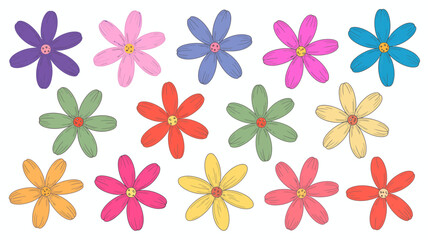 Fototapeta premium A colorful collection of hand drawn flowers in various shades of pink purple blue green orange and yellow are displayed high quality professional detailed modern elegant