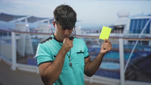 Man referee in uniform holding yellow card and blowing whistle with hand to mouth in studio set resembling cruise ship deck; serious judgment.