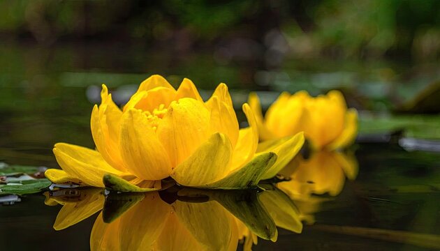 Yellow water lilies floating on a tranquil pond surface
