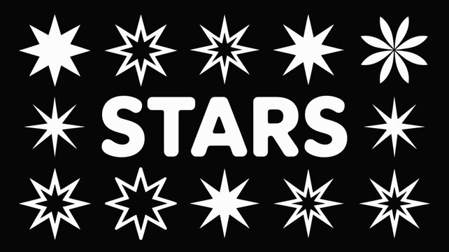 A black background displays numerous white stylized star shapes surrounding the boldly written word stars in a large font high quality professional detailed modern elegant stylish