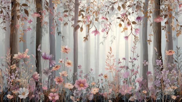 Dreamy painterly illustration of a misty forest with tall slender trees, golden brown leaves hanging from branches in foreground, field of wildflowers in purple, pink and white at the bottom, soft fog