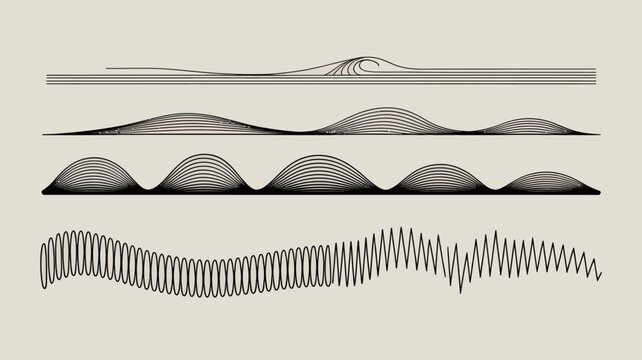 A minimalist illustration displays a series of wave patterns ranging from smooth long lines to intricate tightly packed curves high quality professional detailed modern elegant stylish