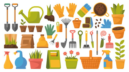 A colorful collection of gardening tools and supplies are displayed including shovels watering cans pots and seed packets high quality professional detailed modern elegant stylish clean © DesignHub