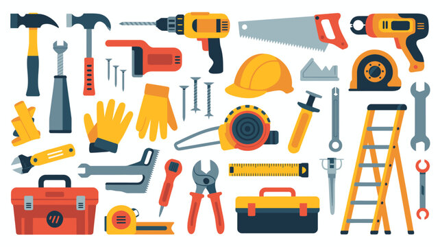 A colorful collection of various hand and power tools including hammers saws drills and safety equipment are displayed high quality professional detailed modern elegant stylish clean